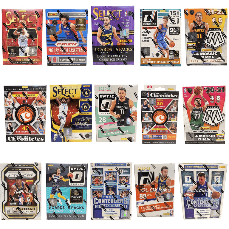 Collection break basketball wax lineup featuring Prizm, Select, Optic, Mosaic, Chronicles, and Contenders boxes